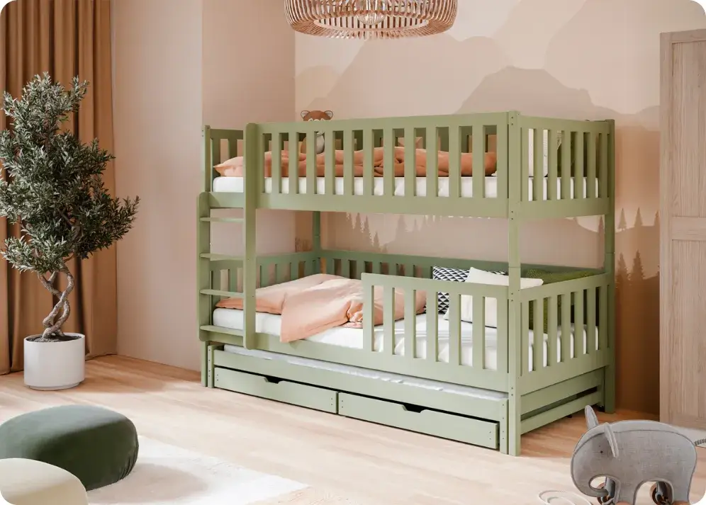 Oliwkowe łóżko piętrowe w dziecięcym pokoju